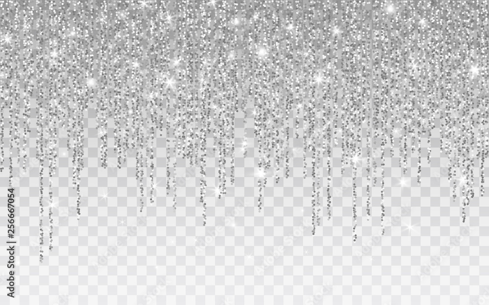 Silver glitter sparkle on a transparent background. Silver Vibrant background with twinkle lights. Vector illustration - obrazy, fototapety, plakaty 