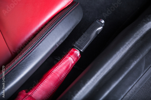 Close up of leather handbrake of sports car