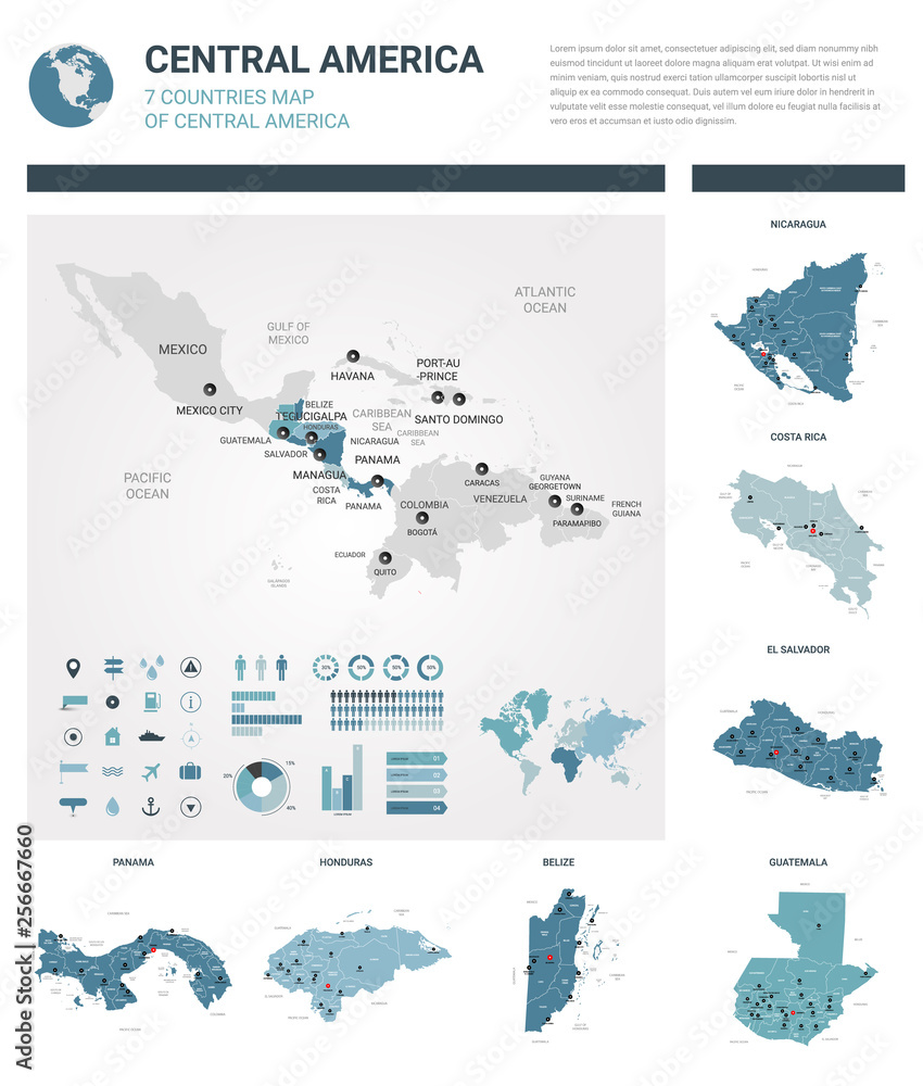 Obraz premium Vector maps set. High detailed 7 maps of countries in Central America with administrative division and cities. Political map, map of America continent, world map, globe, infographic elements.