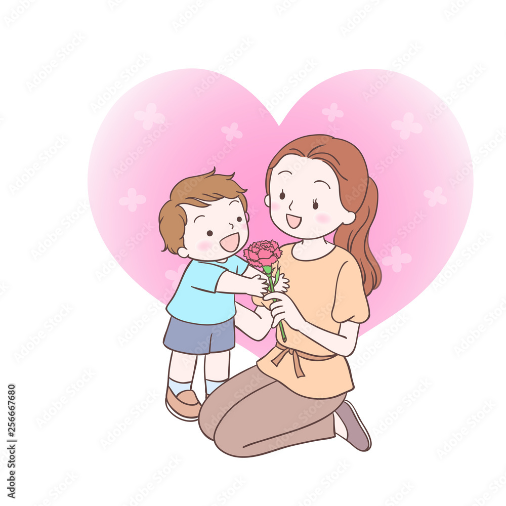 The child gives the carnation flowers to the mother. The child gives the carnation flowers to the mother.