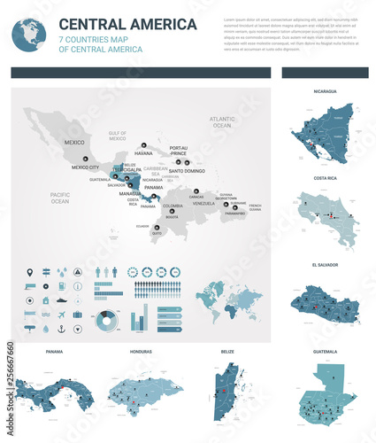 Vector maps set. High detailed 7 maps of countries in Central America with administrative division and cities. Political map, map of America continent, world map, globe, infographic elements.