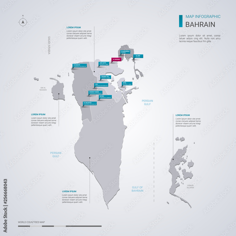 Bahrain vector map with infographic elements, pointer marks. Bahrain vector map with infographic elements, pointer marks.