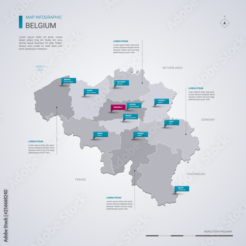 Belgium vector map with infographic elements, pointer marks.