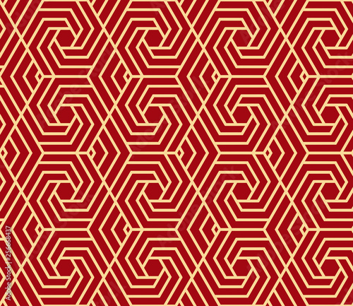 Abstract geometric pattern with stripes, lines. Seamless vector background. Red and gold ornament. Simple lattice graphic design