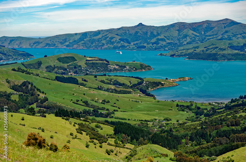 Overlook of the scenic Akaroa harbor in the Banks Peninsula  Canterbury  South Island  New Zealand