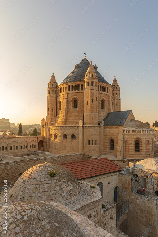 Fototapeta premium Far view on Dormitsion abbey in Jerusalem at sunset