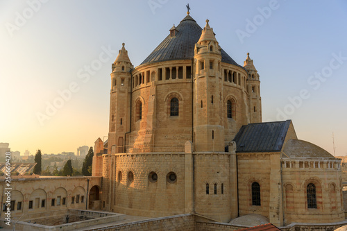 Wide view on Dormitsion abbey in Jerusalem at sunset