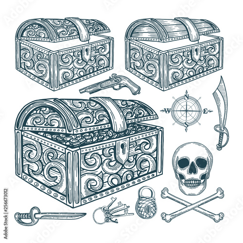 Treasure. Pirate treasure chest and elements illustrations set. Pirate vintage style drawing symbolic.