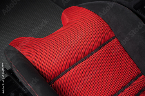 Detail shot of red and black sports car seat