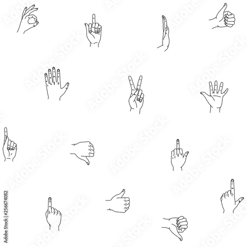 Hands gestures seamless background pattern hand drawn design on white.