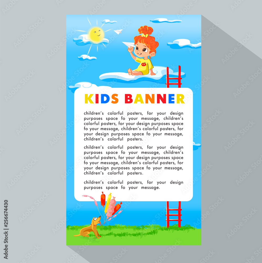 Fototapeta premium Summer Kids. Vector illustration of kid playing on clouds with a paper airplane for summer camp poster. Template for advertising brochure, your text. Ready for your message.