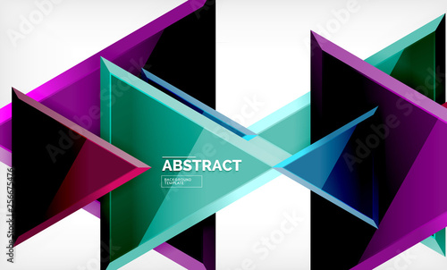 Triangles repetiton geometric abstract background, multicolored glossy triangular shapes, hi-tech poster cover design or web presentation template with copy space