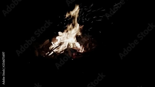 A campfire burns brightly at night. photo