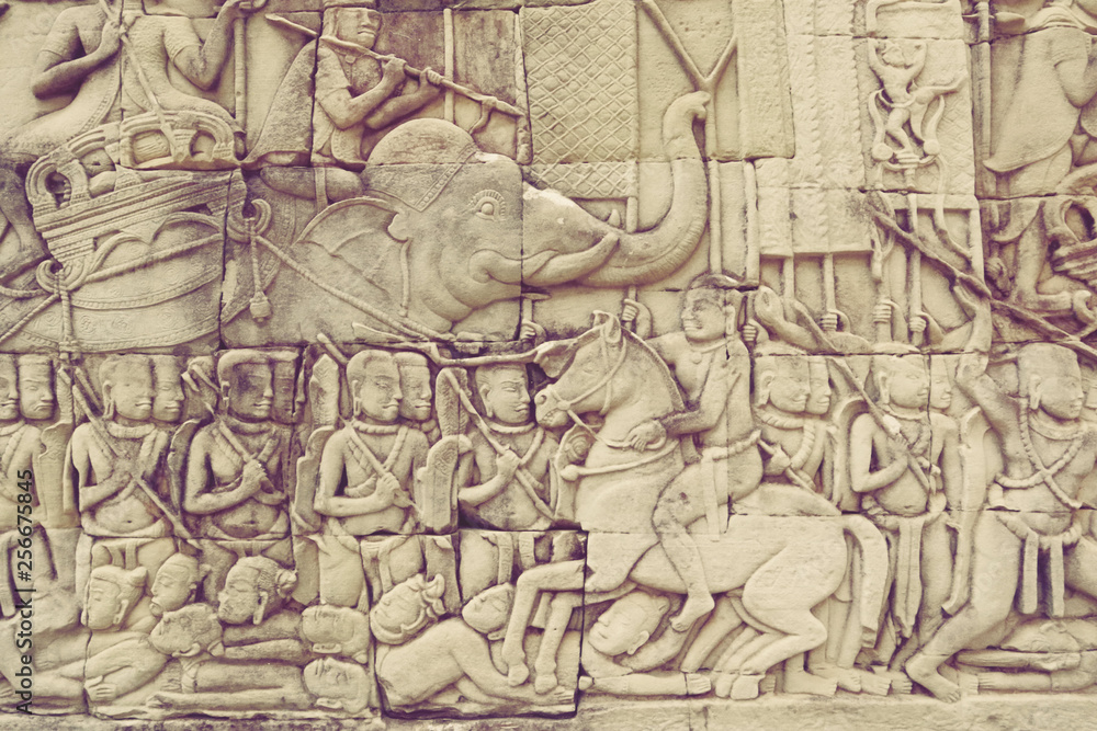 Fototapeta premium Angkor Wat Wall and Sculpture Texture