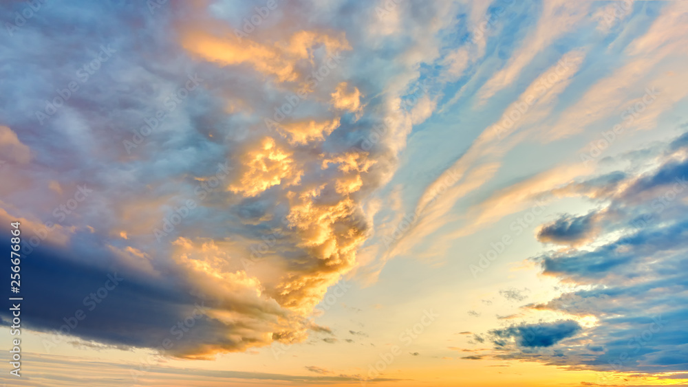 sunset sky panorama background with natural color of sunrise landscape nature scenic summer evening sun light and beautiful clouds wide aerial panoramic view
