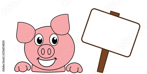 a smiling and happy pig's head with a billboard