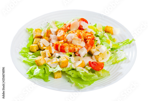 Caesar salad with grilled chicken on a white plate