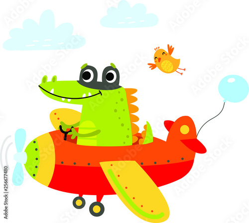 Crocodile flies on the plane. Cute illustration for children
