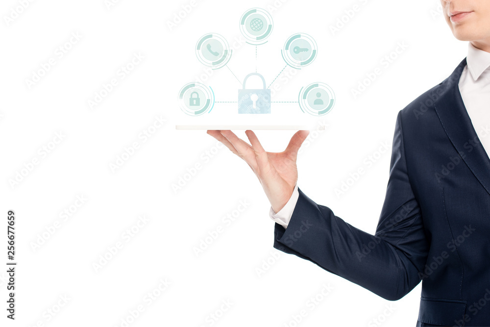 cropped view of businessman holding digital tablet with internet security icons above cropped view of businessman holding digital tablet with internet security icons above