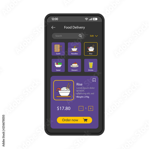 Food delivery smartphone app interface vector template