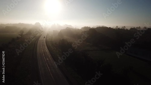 Aerial shot rising through thick fog in the Missouri Ozarks