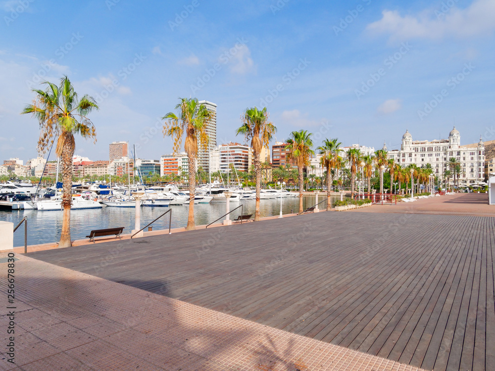 Beautiful promenade with palm trees in Alicante. Spain.