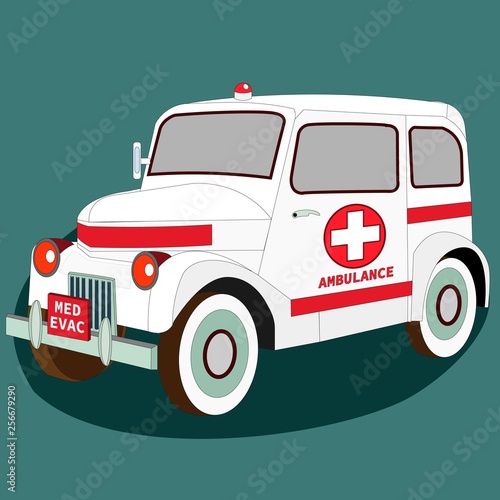 Ambulance Med evac retro car. Isometric 3D view of classic vehicle. Vintage model of garage restoration. Graphic art isolated auto photo