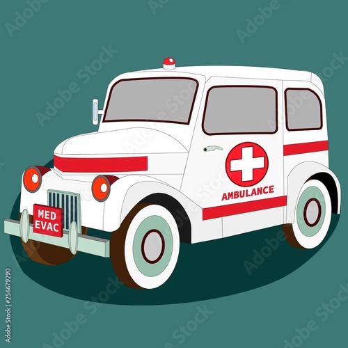 Ambulance Med evac retro car. Isometric 3D view of classic vehicle. Vintage model of garage restoration. Graphic art isolated auto