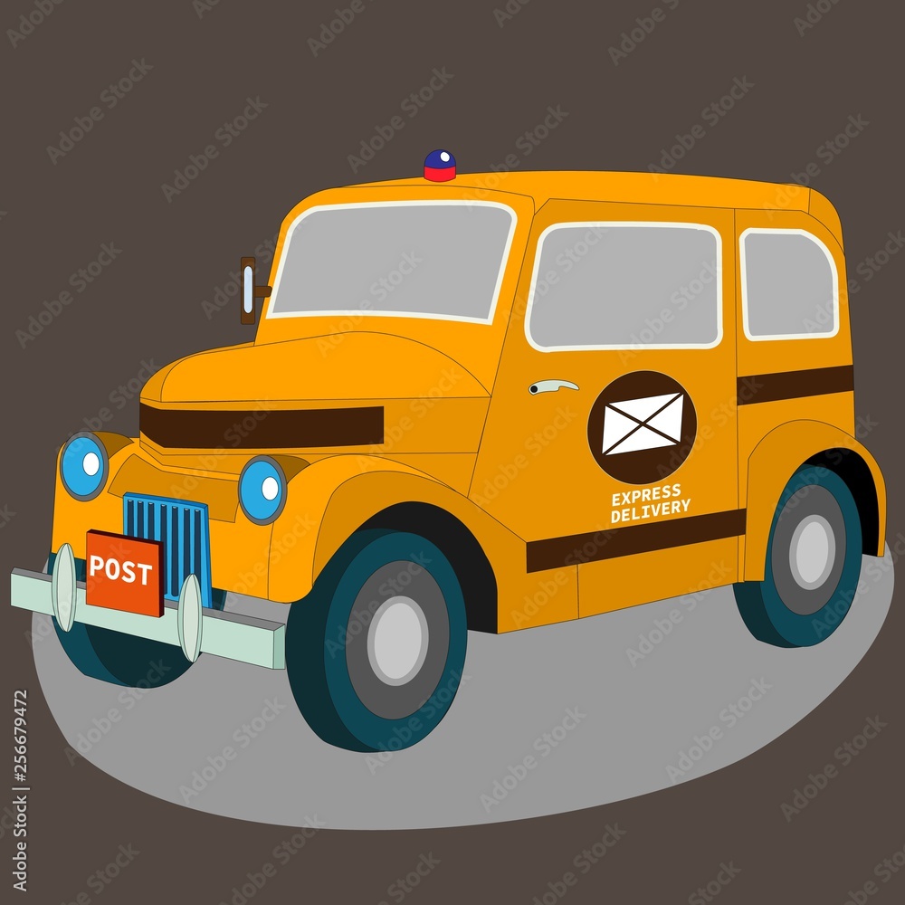 Post express delivery retro car. Isometric 3D view of classic vehicle. Vintage model of garage restoration. Graphic art isolated auto