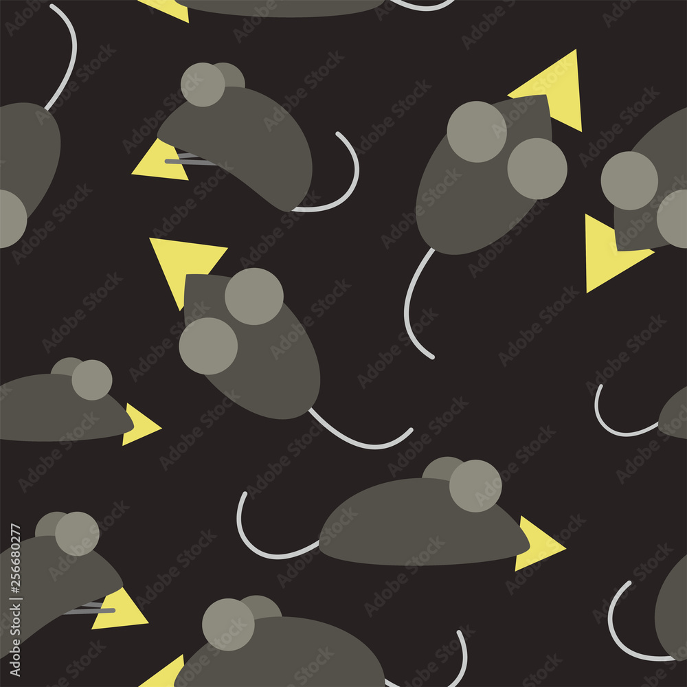 Seamless pattern with cute mice. Children s background. Mice with cheese. Black background Seamless pattern with cute mice. Children s background. Mice with cheese. Black background