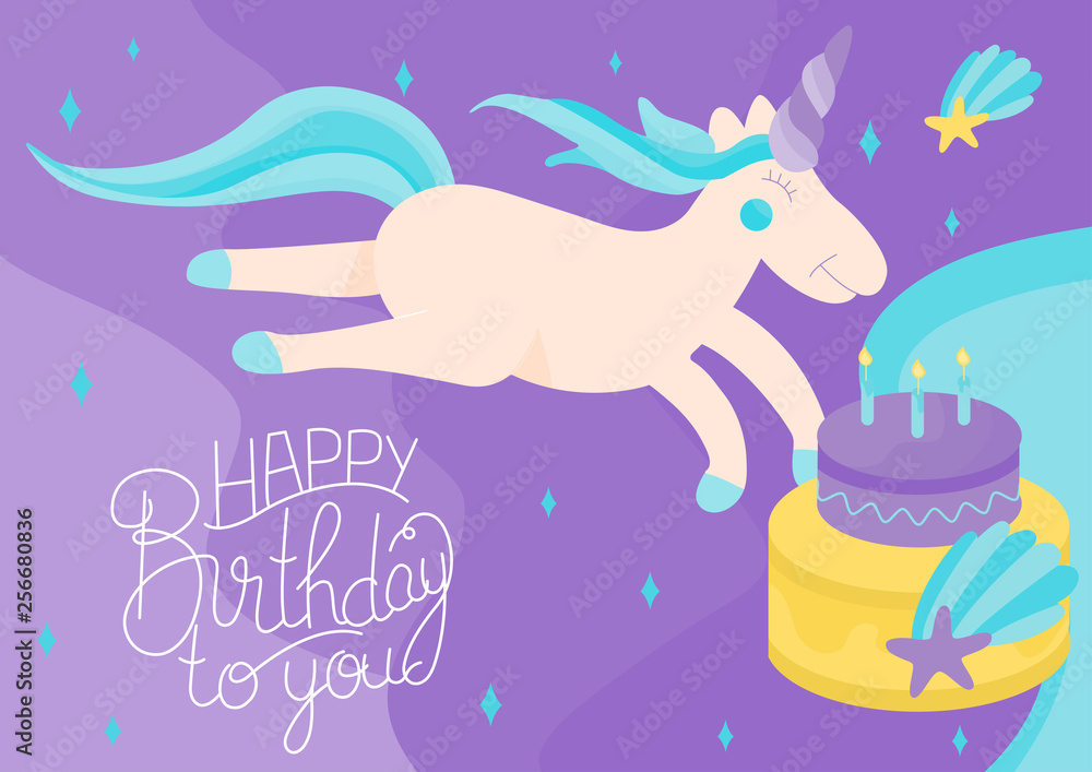 Colorful and original birthday greetings with cute unicorn and yummy cake.  Postcard for birthday; anniversary; party invitations; scrapbooking. Vector illustration