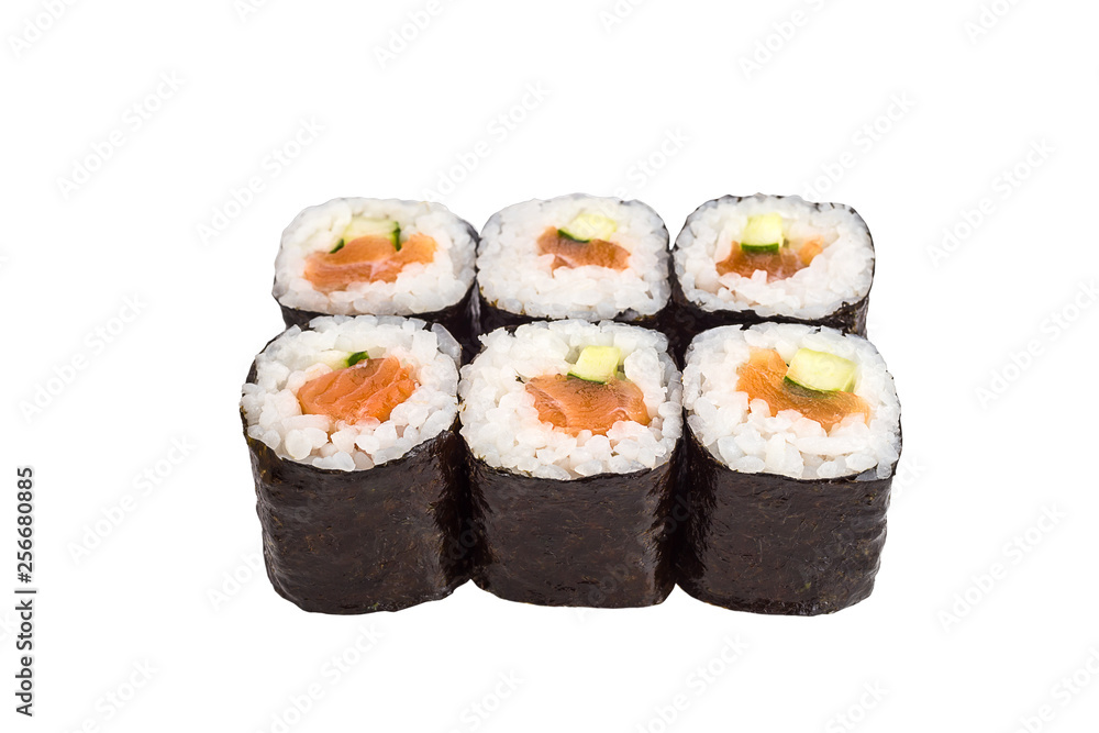 Classical roll sushi with salmon and avocado isolated on white background for menu. Japanese food