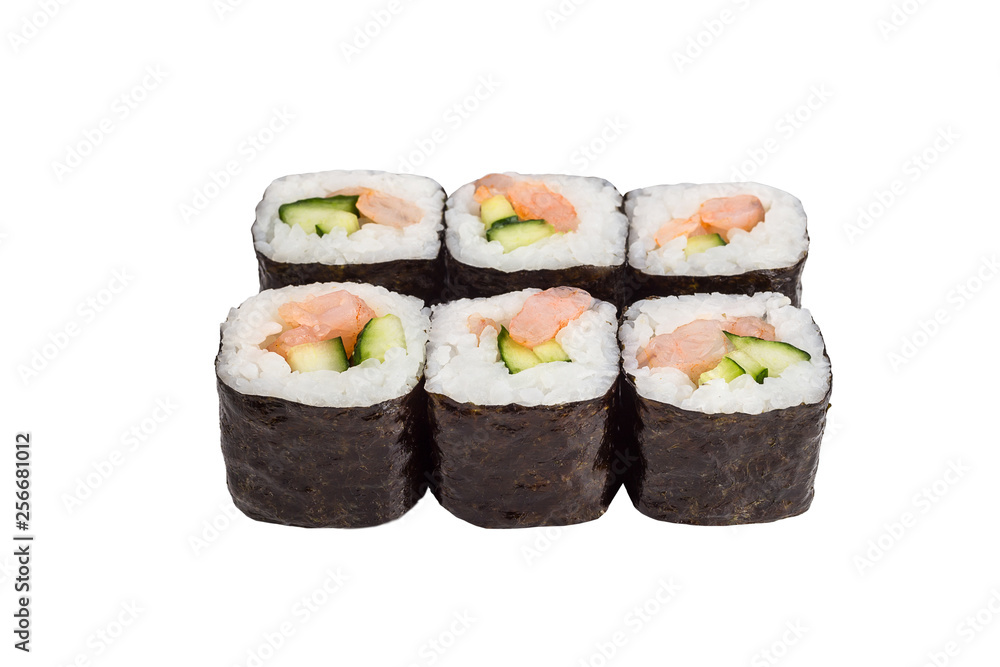 Classical roll sushi with shrimp and cucumber isolated on white background for menu. Japanese food Classical roll sushi with shrimp and cucumber isolated on white background for menu. Japanese food