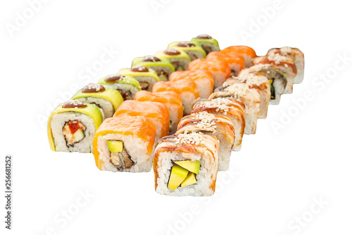 Various kinds of tasty sushi roll  isolated on white background for menu. Japanese food