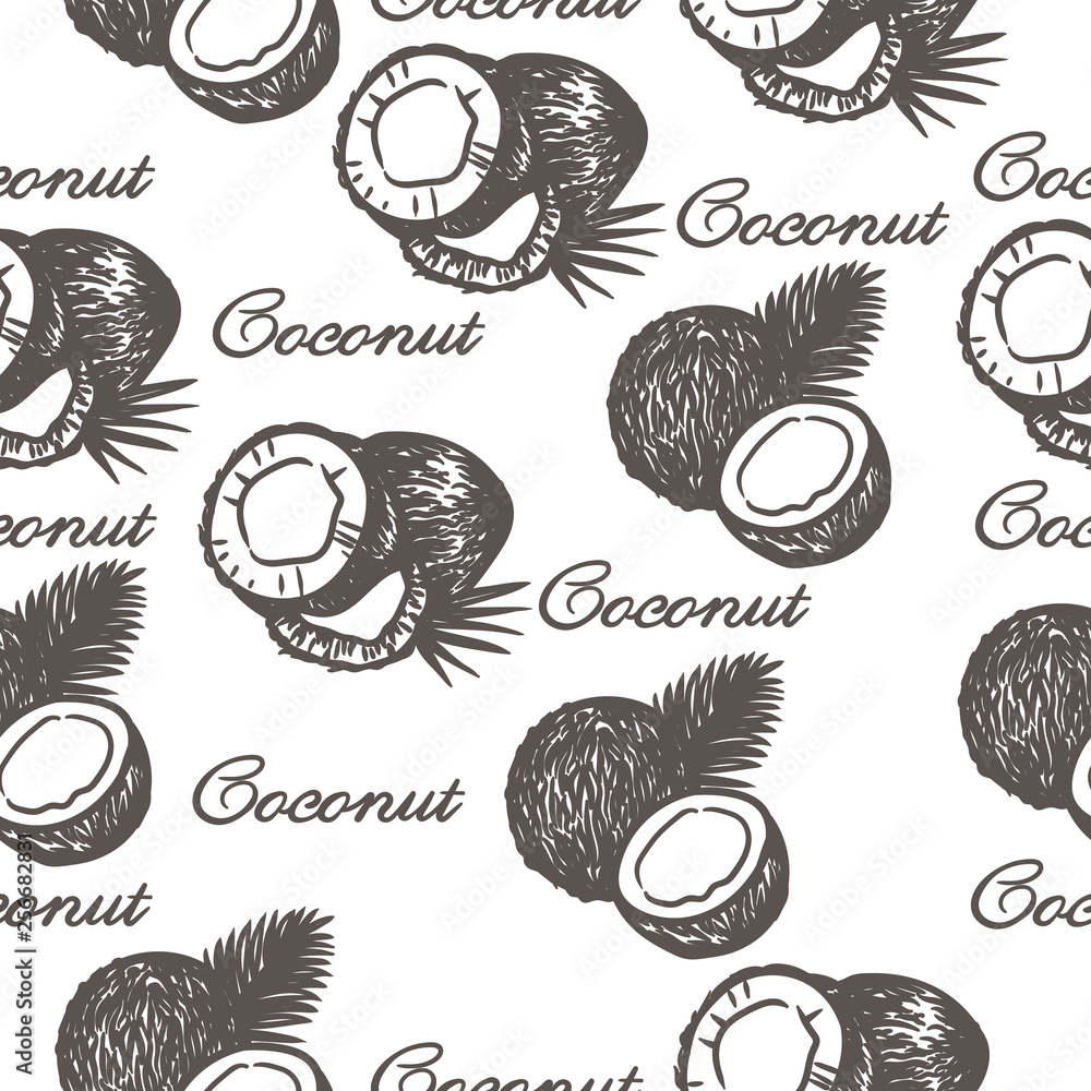 Fototapeta Seamless pattern of coconuts on the white background.