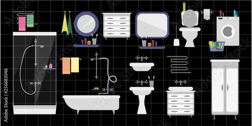 A large set of interior fittings for the toilet room and bathroom against a black tile