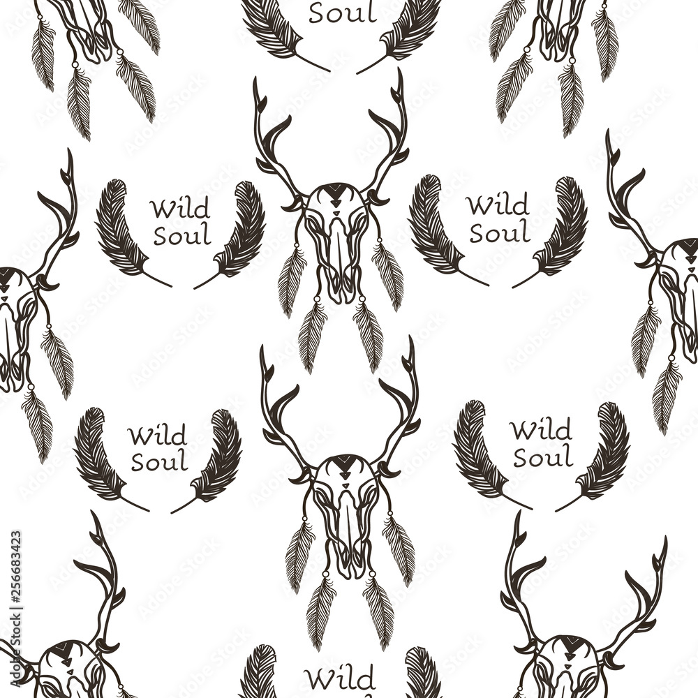 Seamless pattern with deer skulls and feathers. Seamless pattern with deer skulls and feathers.