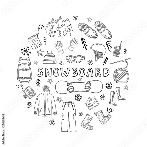Set of snowboard icons in circle shape isolated on white background. Sport clothes, accessories and equipment. Black and white vector illustration