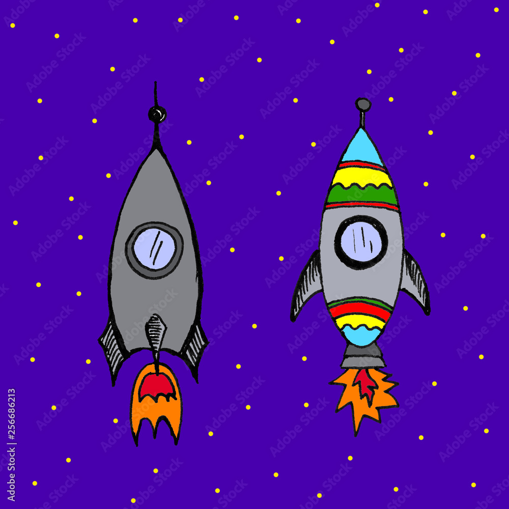 Fototapeta premium Hand drawn space spaceship rocket star comet asteroid illustration