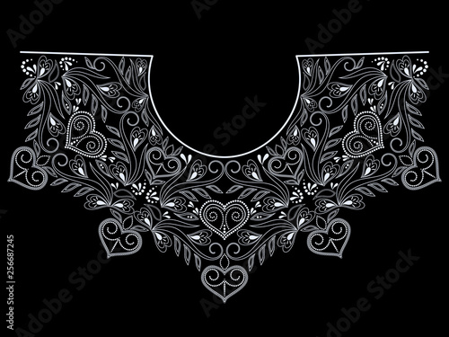 Neckline ethnic design. Geometric black and white  lace pattern. Vector print  with decorative elements  and hearts for embroidery, for women's clothing.