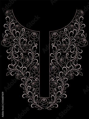 Neckline floral design. Black and white   lace pattern. Vector print with roses and decorative elements for embroidery, for women's clothing.
