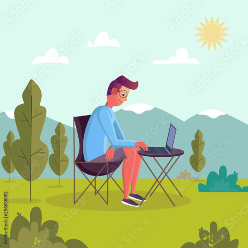 Man working on laptop in the park. Flat cartoon character sitting behind a computer, freelancer workplace, work desk. Business concept vector illustration