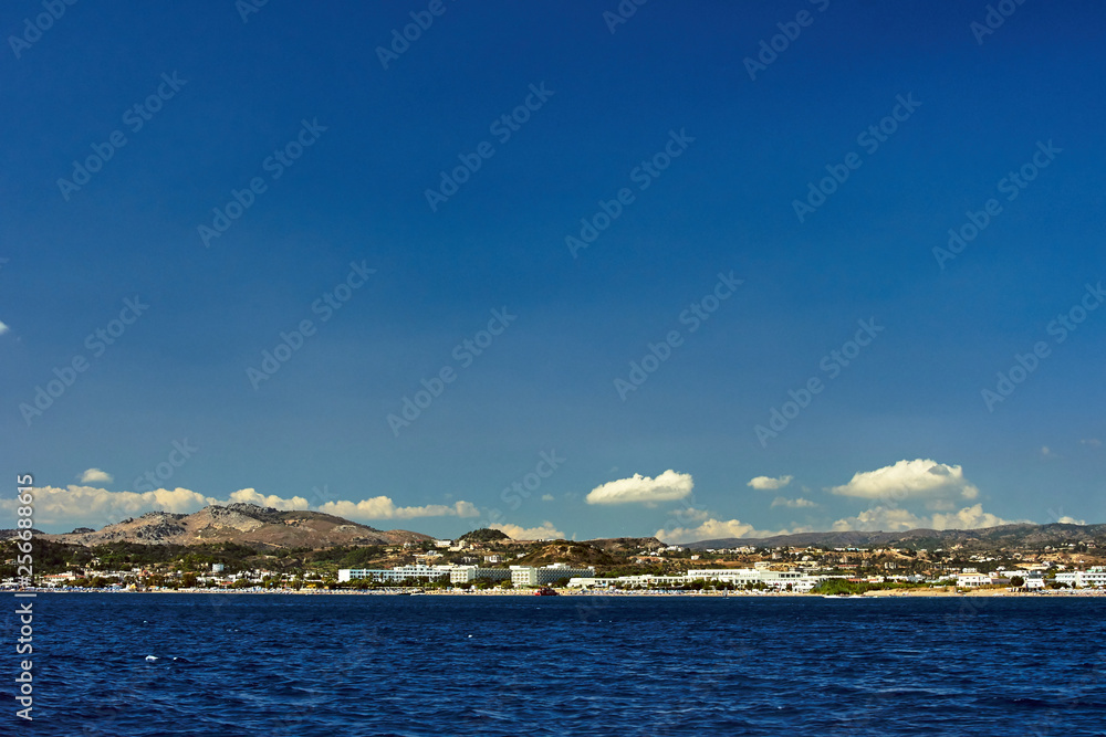 The city Faliraki and the beach on the island of Rhodes.