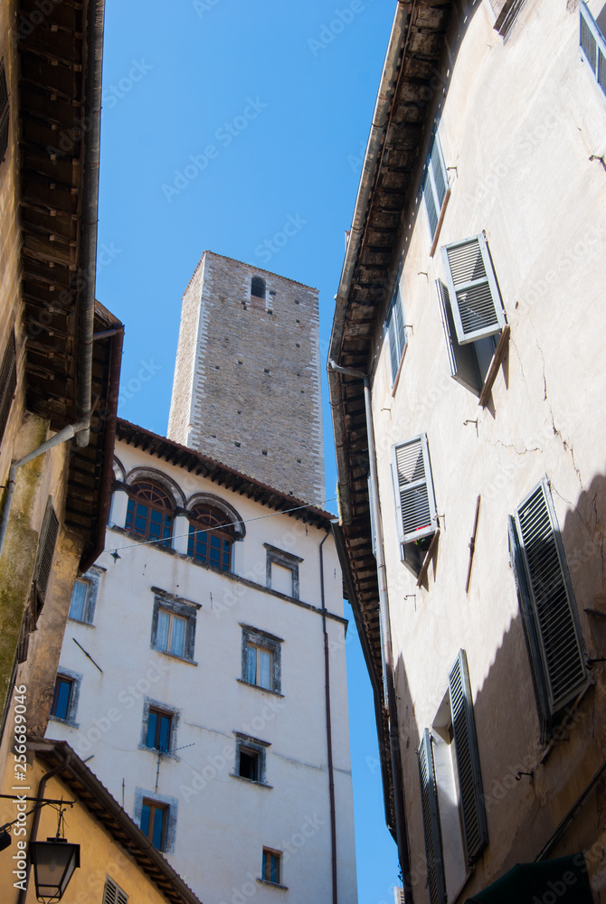Scenic view of characteristic houses and tower of the dell'Olio tower