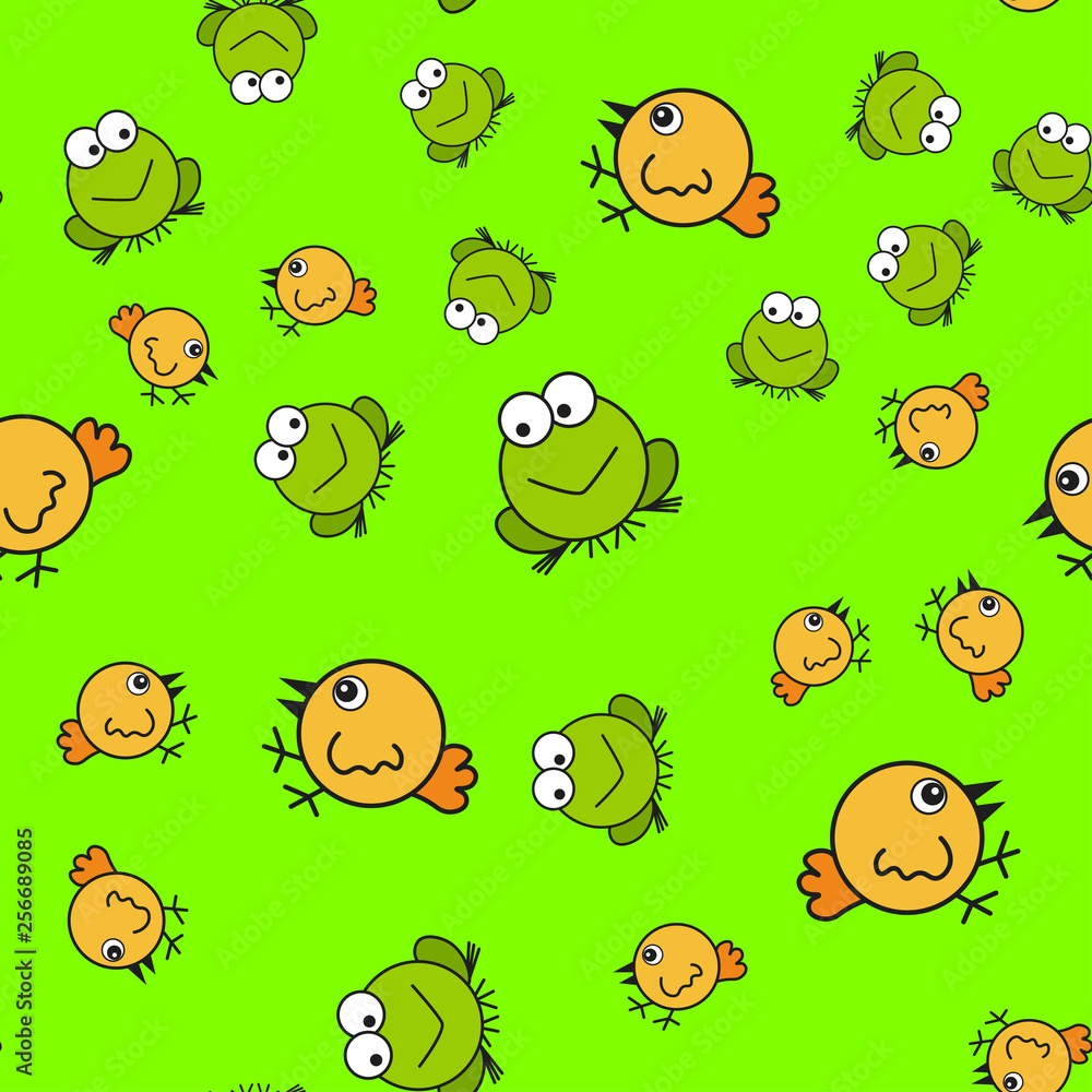 Obraz premium Chickens and frogs seamless pattern in cartoon style