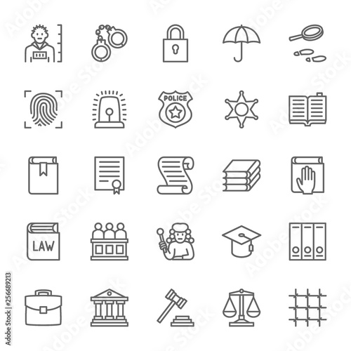 Set of Law and Justice Line Icons. Criminal, Handcuffs, Libra, Police and more.