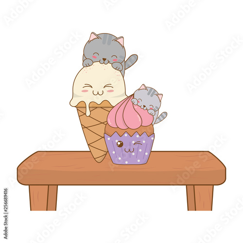 cute little cats with cupcake kawaii characters
