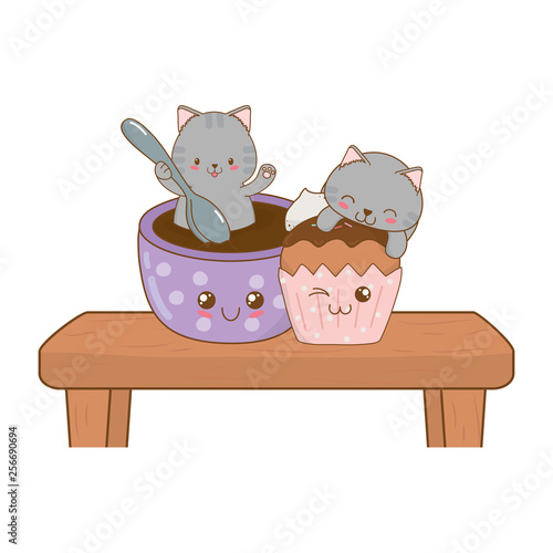 cute little cats with chocolate mug kawaii characters
