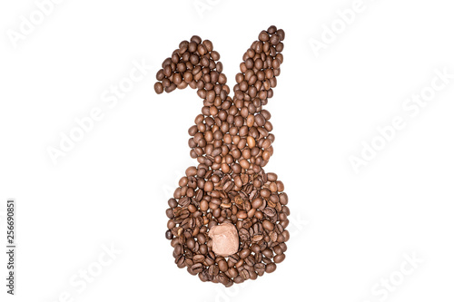 Easter bunny made of freshly roasted coffee beans and ice cream ball on a white background. Creative easter concept. photo