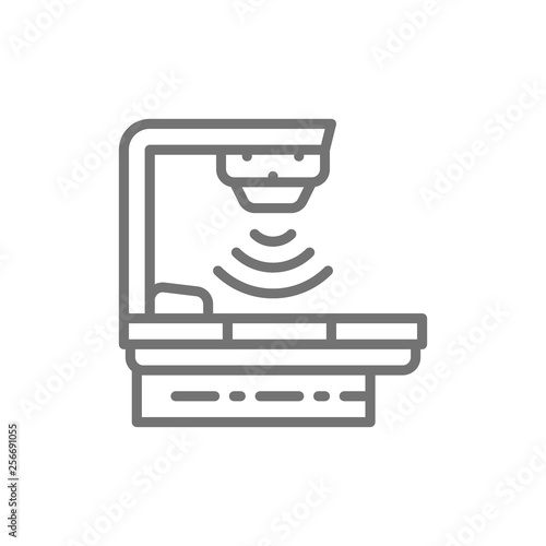 Cancer treatment device, radiation therapy, medical equipment, radiotherapy line icon.